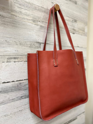 Ladies Leather Structured Tote (Jetty Red)