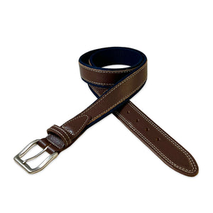 Brown Textured Leather Belt on Navy Web – YRI Belts