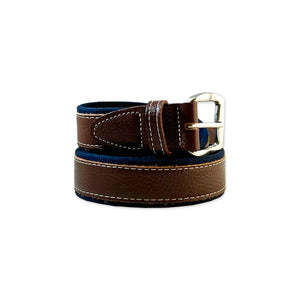 Brown Textured Leather Belt on Navy Web